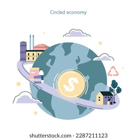 Economía circular. Modelo de negocio sostenible. Ciclo de vida del producto de la producción, el consumo y el reciclado. Responsabilidad empresarial en materia de cambio climático. Ilustración vectorial plana