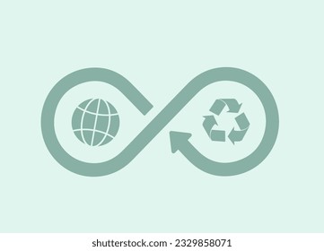 Economía circular: soluciones sostenibles y ecológicas. Recursos reutilizables, reciclado y protección ambiental. Ciclo económico circular con globo y iconos de reciclaje. Ilustración del vector