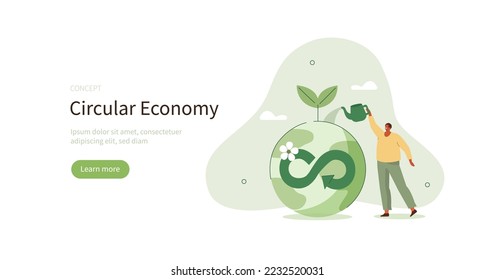 Economía circular. Estrategia de crecimiento económico sustentable, recauda la reutilización y reduce el impacto climático. ESG, energía verde y concepto de industria. Ilustración vectorial.