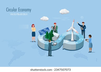 Circular economy symbol in jigsaw with wind turbines, solar panel and businessman team. Sustainable environment strategy of eliminate waste and pollution, renewable and reuse for global business goal.