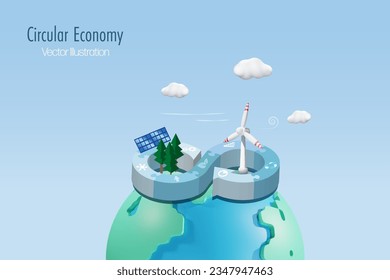 Símbolo circular de economía en sierra con turbinas eólicas, panel solar en el mundo. Estrategia ambiental sostenible para eliminar los desechos y la contaminación, las energías renovables y la reutilización para el objetivo de los negocios mundiales. vector 3D.