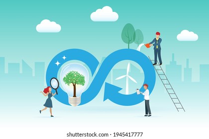 Circular economy symbol with lightbulb, wind turbines with people working on. Sustainable strategy to eliminate waste and pollution, renewable and reuse natural resources concept.