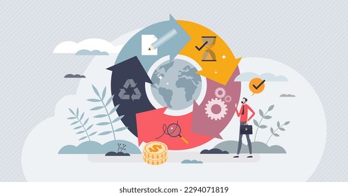 Circular economy system with resources saving strategy tiny person concept. Save materials and reduce waste with recycling management vector illustration. Sustainable and continuous manufacturing.