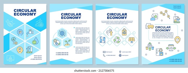 Türkisfarbene Broschüre für die Kreislaufwirtschaft. Nutzung natürlicher Ressourcen. Entwurf der Packungsbeilage mit linearen Symbolen. 4 Vektorgrafiken zur Präsentation, Jahresberichte. Arial-Black, Myriad Pro-Regular Schriftarten verwendet