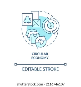 Circular Economy Turquoise Concept Icon. Tackle Global Warming. Economy Models Abstract Idea Thin Line Illustration. Isolated Outline Drawing. Editable Stroke. Arial, Myriad Pro-Bold Fonts Used