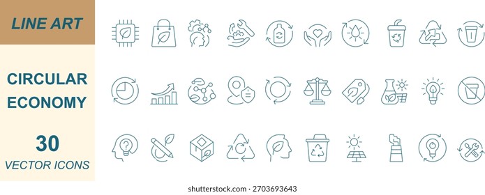 Conjunto de iconos de Vector de economía circular con diseños de arte de línea mínimos de reciclaje, reutilización, reparación, renovable, ciclo ascendente, cero residuos y sostenibilidad. Perfecto para App, Web, proyectos ecológicos e interfaz de usuario.