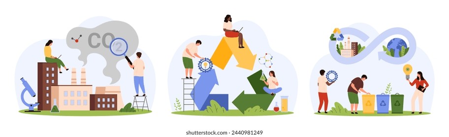 Circular economy and waste management, environmental protection set. Tiny people research air pollution with carbon dioxide, manufacturing with materials recycling cartoon vector illustration