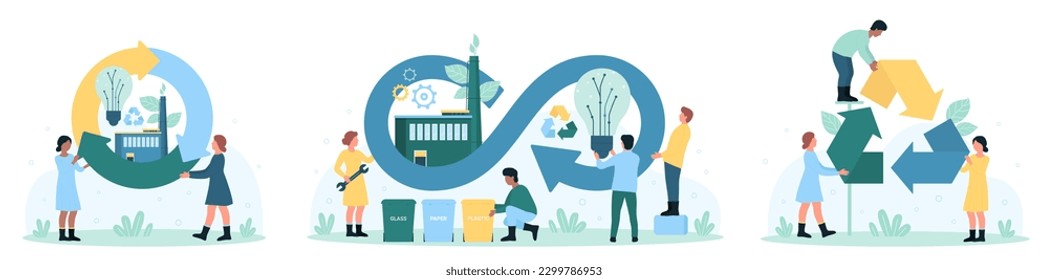 La economía circular, la gestión de desechos y el reciclado constituyen un ejemplo vectorial. Pequeñas personas caricaturizadas con signos de infinito y recicle, flechas de circulación de energía, recursos y consumo de materiales