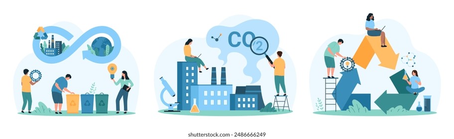 Economía circular y tecnología de reciclaje de residuos, conjunto de investigación ambiental. Gente pequeña con el cartel del reciclaje, lupa comprueba la contaminación del aire con el dióxido de carbono, Ilustración vectorial de la historieta