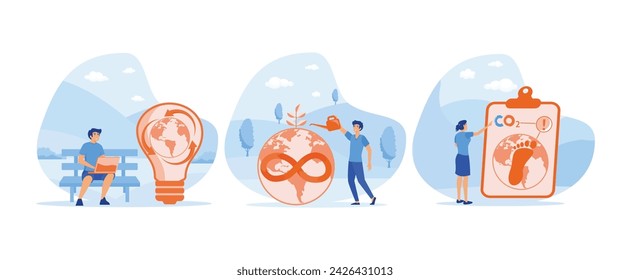  Circular economy. Watering plant. Green energy and industry. Circular economy set flat vector modern illustration 