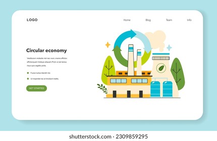 Banner web de economía circular o página de inicio. Ciclo de vida del producto de la producción, el consumo y el reciclado. Responsabilidad de las empresas por el impacto en el medio ambiente. Ilustración vectorial plana