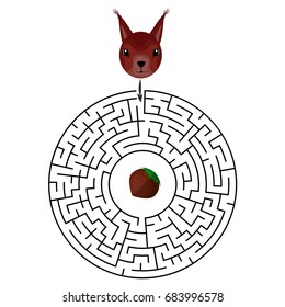 Circular education Maze or labyrinth game for children with squirrel and nut. Vector illustration. EPS 10