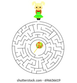 Circular education Maze or labyrinth game for children with girl and Lollipop. Vector illustration. EPS 10