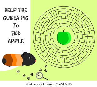 Circular education Maze or labyrinth game for children with guinea pig and apple. Vector illustration. EPS 10