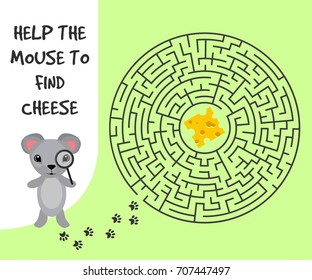 Circular education Maze or labyrinth game for children with mouse and cheese. Vector illustration. EPS 10