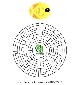 Circular education Maze or labyrinth game for children with yellow fish and algae. Vector illustration. EPS 10