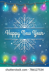 Circular electric lamp garland. Realistic colorful christmas lights vector background.