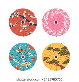 Circular, Elegant Japanese Umbrellas Adorned With Traditional Patterns, Top View . Harmonious Asian l Designs