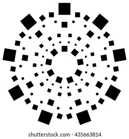 Circular element made of squares. Squares rotating. Abstract monochrome design element on white