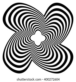 Circular element with spiral, vortex distortion effect. Black and white rotating circular-concentric element.