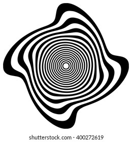 Circular element with spiral, vortex distortion effect. Black and white rotating circular-concentric element.