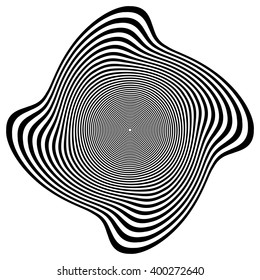 Circular element with spiral, vortex distortion effect. Black and white rotating circular-concentric element.