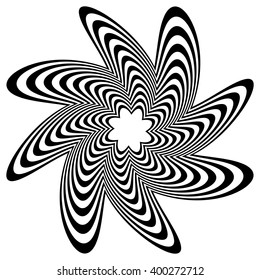 Circular element with spiral, vortex distortion effect. Black and white rotating circular-concentric element.