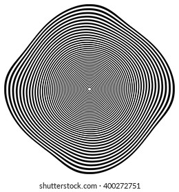 Circular element with spiral, vortex distortion effect. Black and white rotating circular-concentric element.