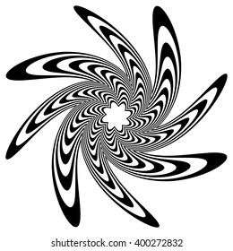 Circular element with spiral, vortex distortion effect. Black and white rotating circular-concentric element.