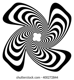 Circular element with spiral, vortex distortion effect. Black and white rotating circular-concentric element.