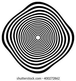 Circular element with spiral, vortex distortion effect. Black and white rotating circular-concentric element.