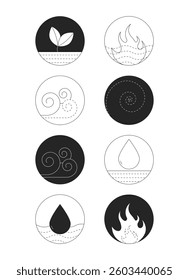 Circular elemental symbols for energy balance 2D line objects set. Air, fire, water, earth, spirit nature forces isolated cliparts vector ink outline items. Monochrome spot illustrations collection