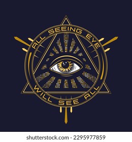 Emblema circular con todos los ojos de visión, ojo de la providencia, texto Concepto de intuición, expansión de la conciencia Ilustración psicodélica colorida en estilo místico Para ropa, ropa, camisetas diseño