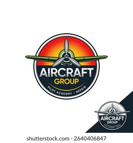 A circular emblem aviation logo featuring an aircraft propeller set against a sunset background.