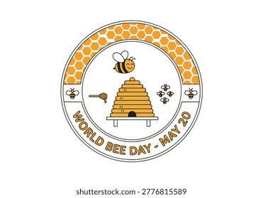 A circular emblem celebrating World Bee Day on May 20, featuring a happy bee, a beehive, and honeycomb patterns.