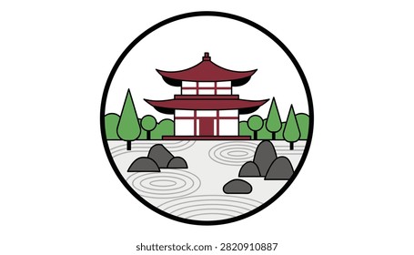 Circular emblem design featuring a red Japanese temple pagoda surrounded by trees and a raked stone garden.