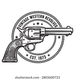 Circular emblem design featuring vintage western revolver inside twisted rope border. Includes text elements and stars for authentic aesthetic suitable for badges labels or branding projects.