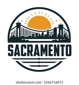 A circular emblem design showcasing the iconic Tower Bridge set against the Sacramento skyline, blending historic architecture and modern cityscapes in a visually striking composition