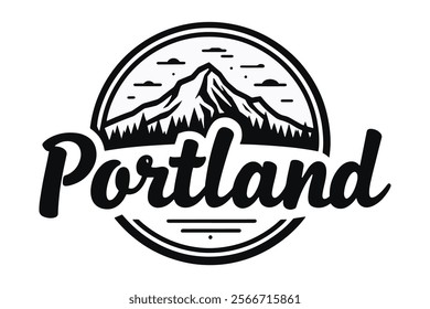 A circular emblem design showcasing Mount Hood towering over the iconic Portland skyline, blending nature and urban elements in a cohesive and artistic composition.