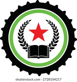 A circular emblem features a black gear-like outer edge, a green inner ring, and a white center. The center contains a red star above an open black book, flanked by black laurel branches.