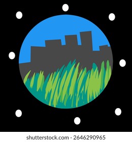 A circular emblem features a stylized cityscape with green grass under a blue sky, surrounded by eight small white dots, possibly symbolizing a global or environmental theme.