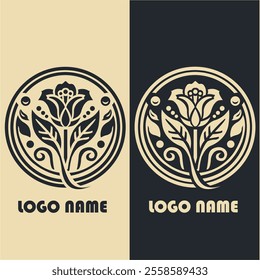 The circular emblem features a stylized flower with intricate leaves, dots, and ornamental patterns, evoking a vintage and sophisticated aesthetic.
