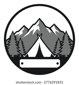 Circular emblem featuring a camping tent nestled between evergreen trees with snowcapped mountains in the background icon