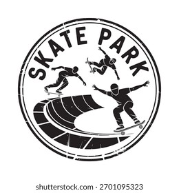 Um emblema circular com silhuetas dinâmicas de skatistas realizando truques em uma rampa dentro de um parque de skate.