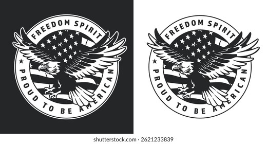 A circular emblem featuring an eagle with outstretched wings set against a backdrop of stars and stripes. The design highlights themes of patriotism and national identity.