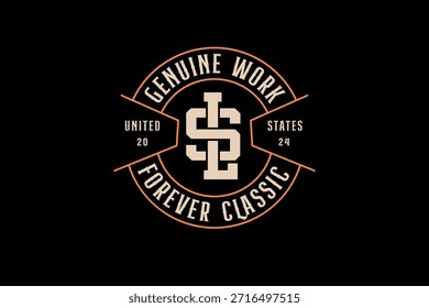 A circular emblem featuring the letters S and L intertwined, surrounded by text and geometric shapes, in a vintage style.