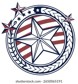 A circular emblem featuring a star, red and white stripes, smaller stars, and a laurel wreath border.