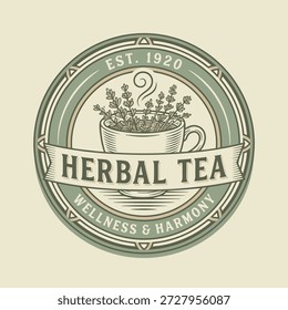 Un emblema circular con una taza humeante de té de hierbas, con texto que indica 'Bienestar y armonía del té de hierbas' y 'Est. 1920.