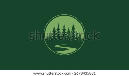 A circular emblem featuring a stylized forest with tall evergreen trees and a winding river or path, set against a solid green background.