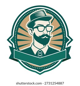 Un emblema circular con una ilustración estilizada de un hombre hipster con gafas, un bigote prominente y una barba. Lleva un sombrero de sombrero de fieltro y una camisa de cuello. Un Anuncio de cinta verde azulado se coloca debajo del retrato, ofreciendo espacio para el texto. El fondo tiene líneas radiantes en beige y marrón.